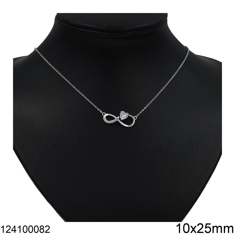 Silver 925 Necklace Infinity Symbol with Zircon 10x25mm and Heart 6mm