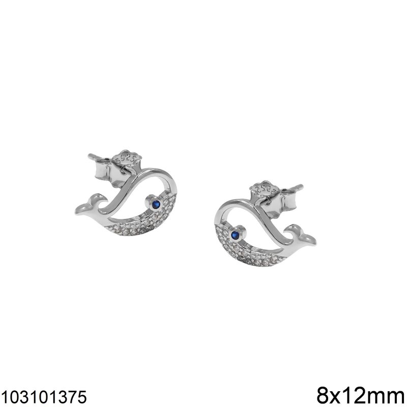 Silver 925 Stud Earrings Whale with Zircon 8x12mm