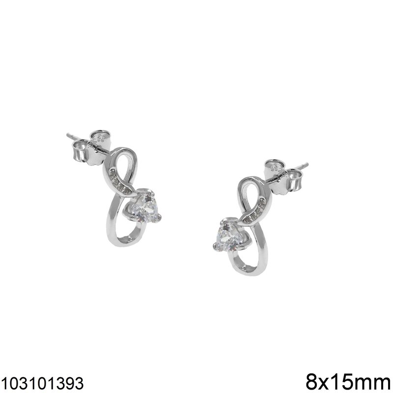 Silver 925 Stud Earrings Infinity Symbol with Zircon 8x15mm