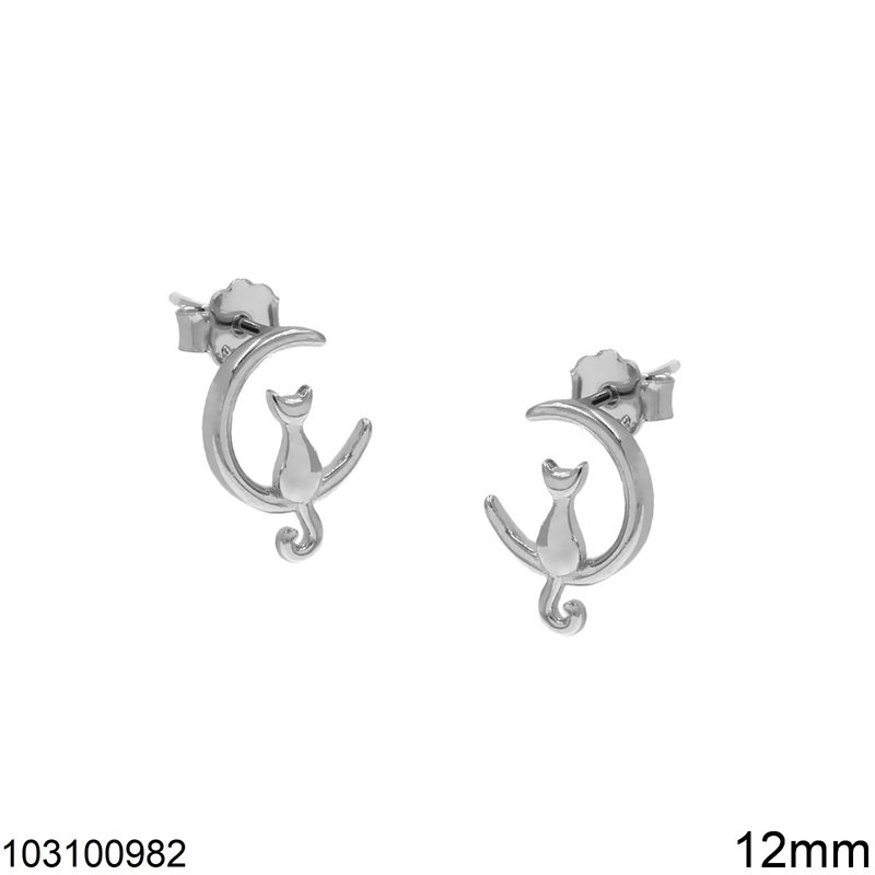 Silver 925 Stud Earrings Crescent with Cat 12mm