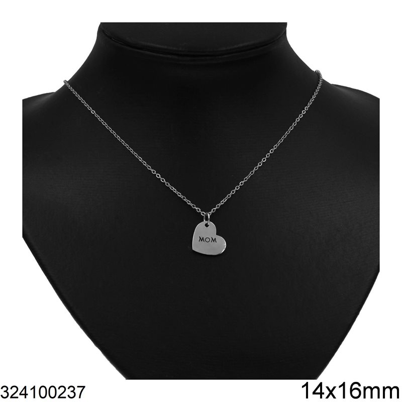 Κολλιέ Ατσάλινο Καρδιά Πλακέ με "Mom" 14x16mm