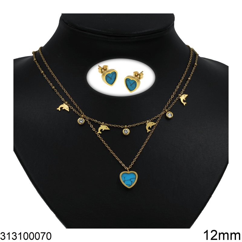 Stainless Steel Necklace 12mm & Stud Earrings 10mm Heart Turquoise and Dolphins, Gold