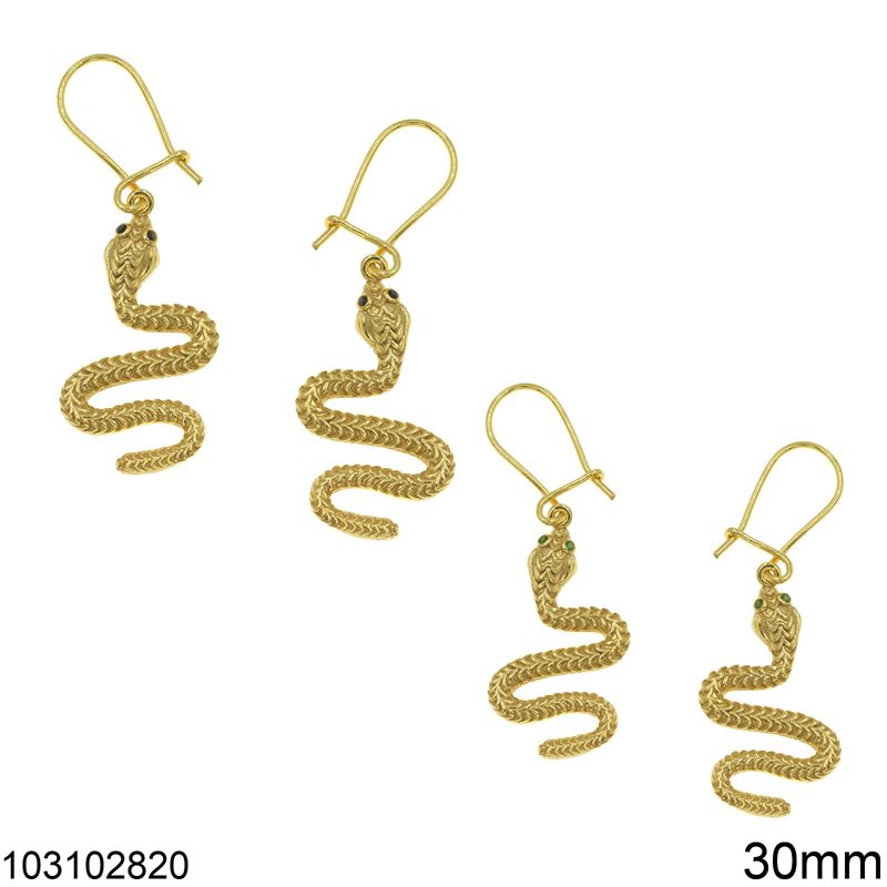 Silver 925 Hook Earrings Snake with Stones 30mm
