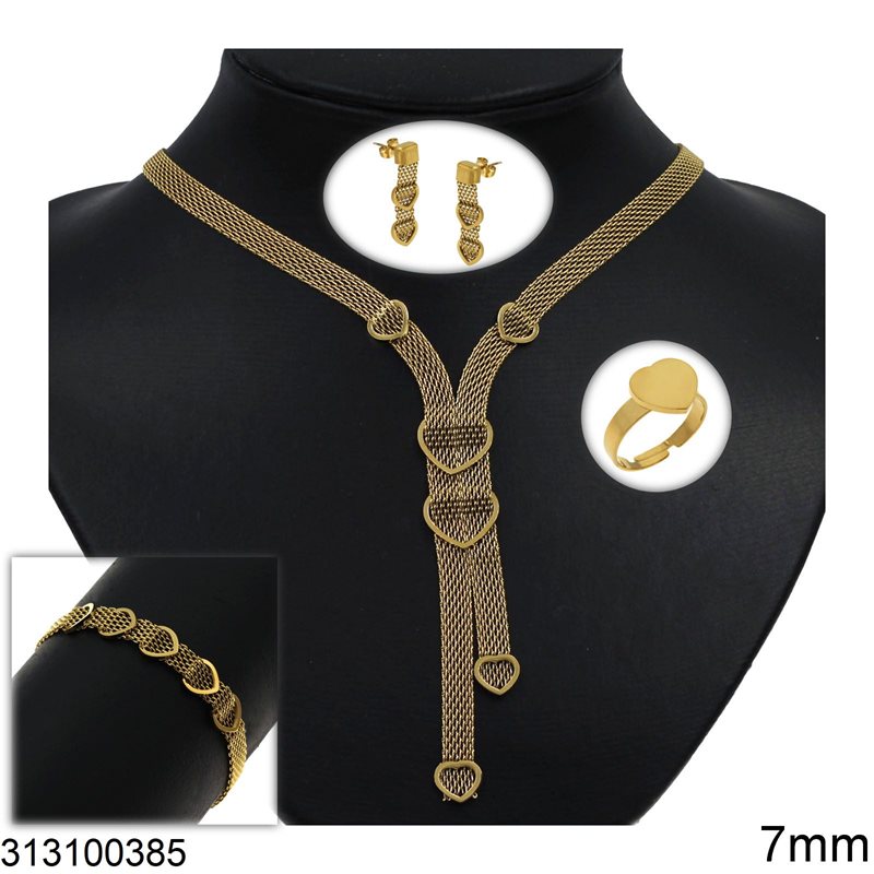 Stainless Steel Set of Necklace, Bracelet, Earrings Mesh Chain 7mm with Hearts & Ring Heart 12mm, Gold