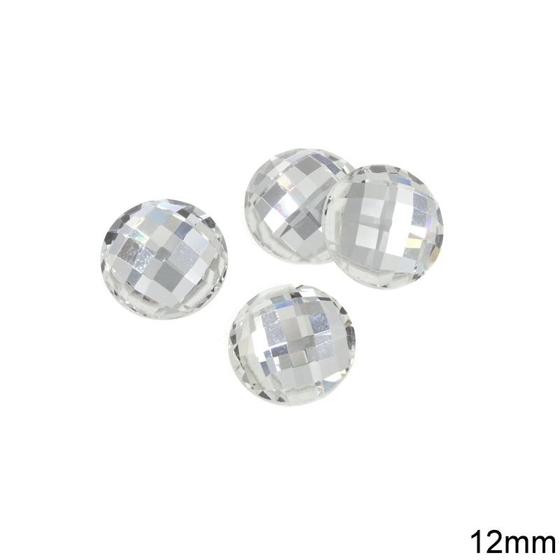 Glass Round Faceted Flat Back Stone 12mm, Crystal