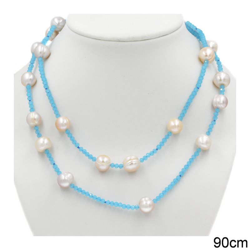 Necklace with Glass Rondelle Beads & Freshwater Pearls, 90cm