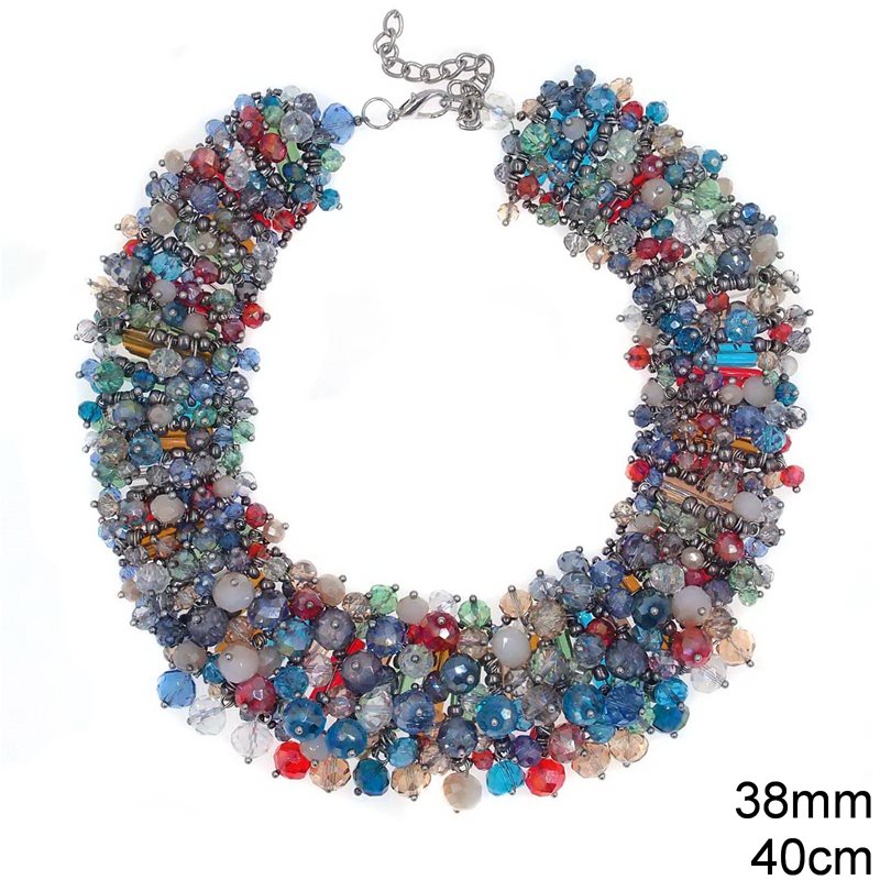 Necklace with Faceted Crystal Beads and Semi Precious Beads, Multicolor 40cm