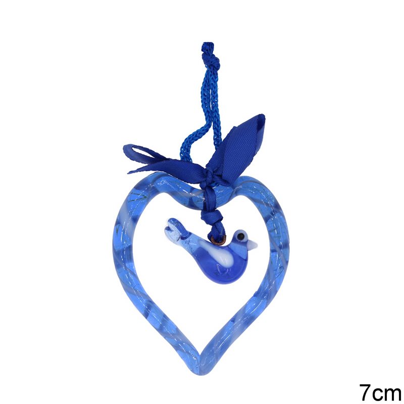 Γυάλινη Καρδιά με Κρεμαστό Πουλάκι 7cm