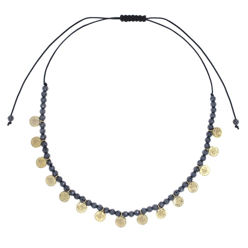 Necklace with Hematite Round Faceted Beads 4mm & Coins 7mm