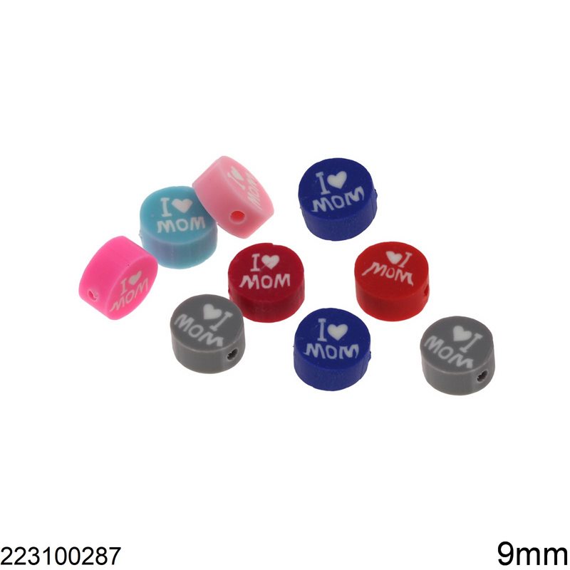 Polymer Clay Round Beads with "I Love Mom" 9mm, Multicolor