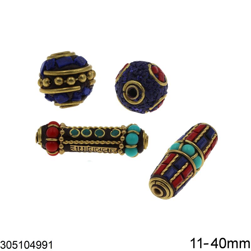 Brass 3D Beads with Semi Precious in Various Designs 11-40mm