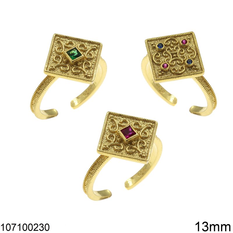 Silver 925 Ring Byzantine Square 13mm with Stones