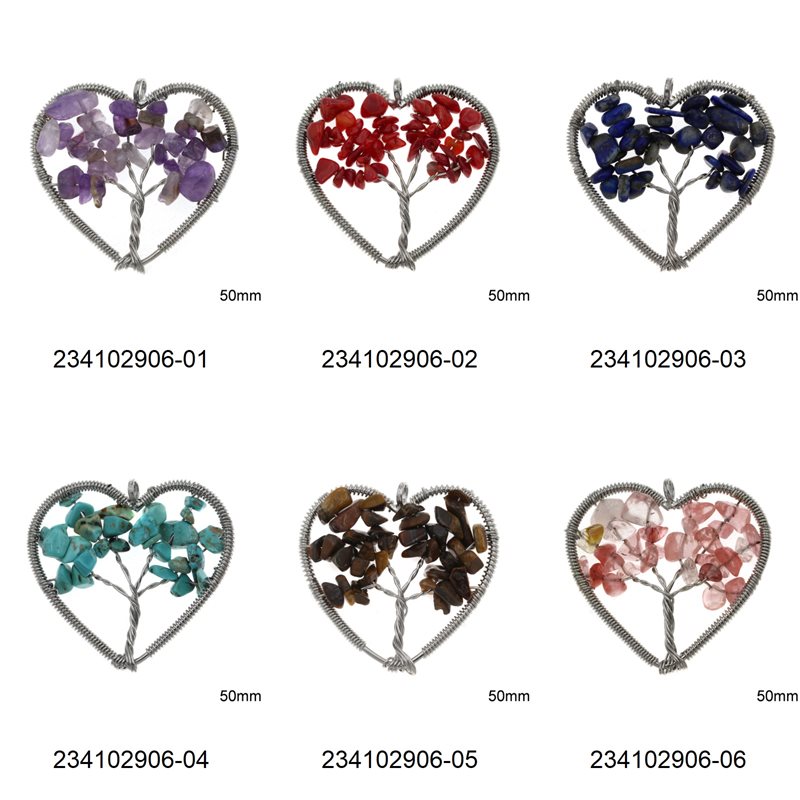 Braided Wire Heart Pendant with Semi Precious Chips Beads 50mm