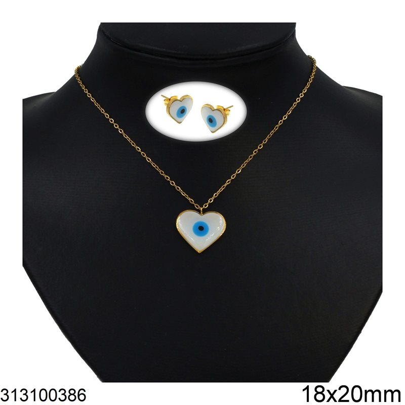 Stainless Steel Set of Necklace 18x20mm & Earrings 11x12mm with Heart Evil Eye, Gold