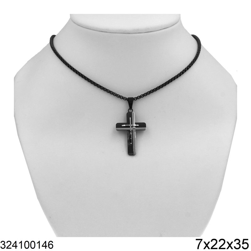 Stainless Steel Necklace Double Cross 7x22x35mm, Two Tone
