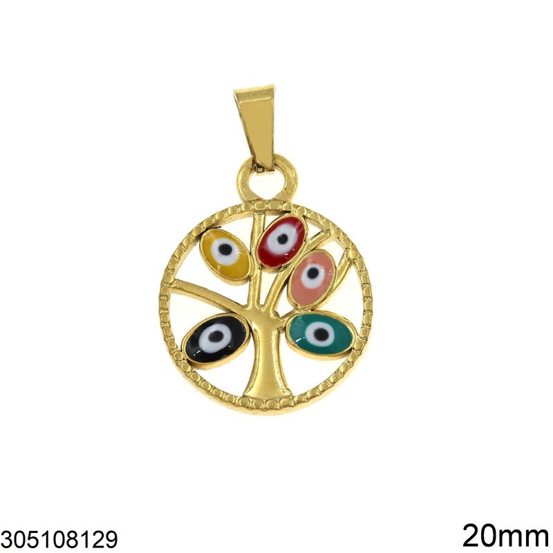 Stainless Steel Round Pendant Tree of Life with Enameled Evil Eyes 20mm