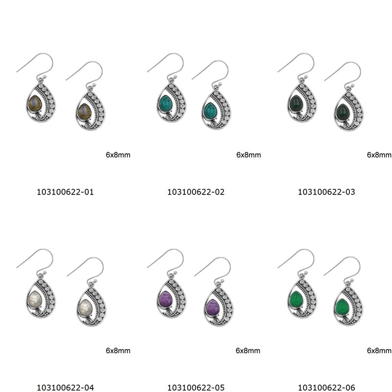 Silver 925 Hook Earrings with Pearshape Semi Precious Stones 6x8mm