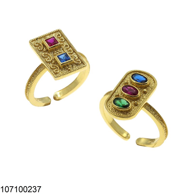 Silver 925 Ring Oval 10x18mm with Oval Stones, Multicolor gold plated