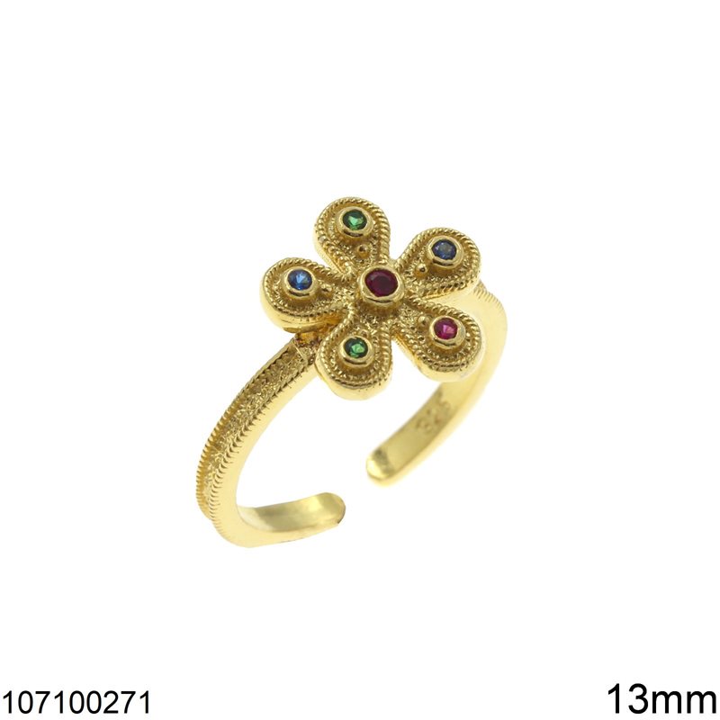 Silver 925 Ring Byzantine Flower with Stones 13mm, Multicolor gold plated