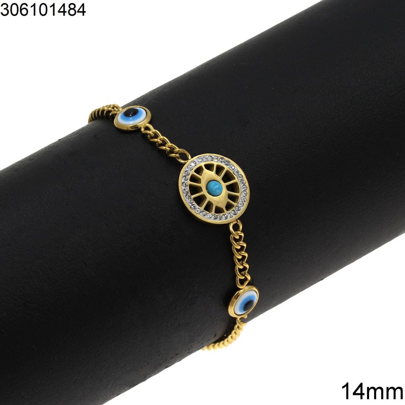 Stainless Steel Bracelet Disk with Samballa 14mm and Evil Eye 5mm, Gold