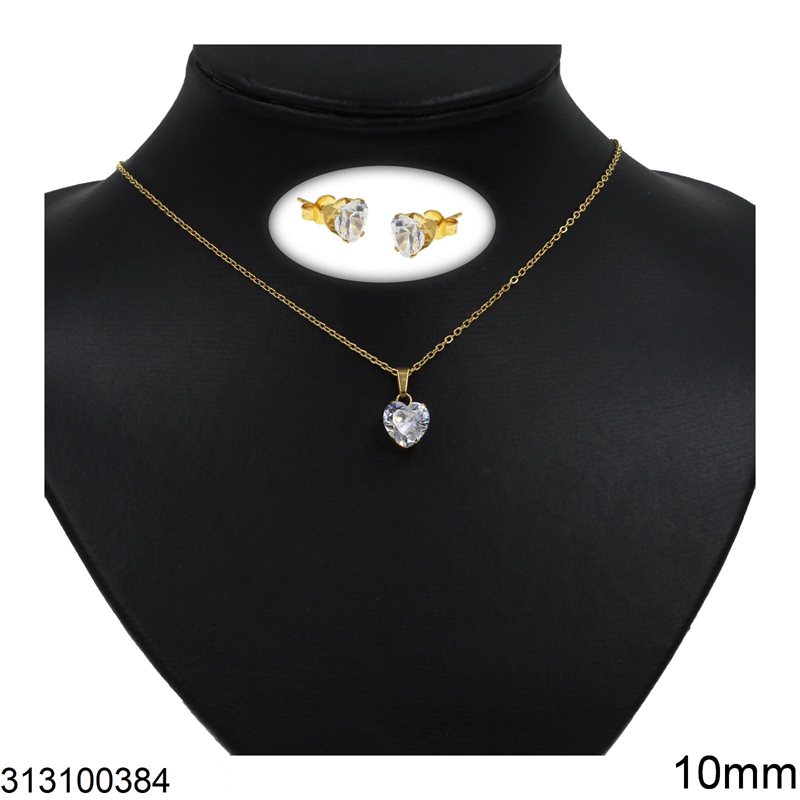 Stainless Steel Set of Necklace Heart 10mm & Stud Earrings Heart 7mm