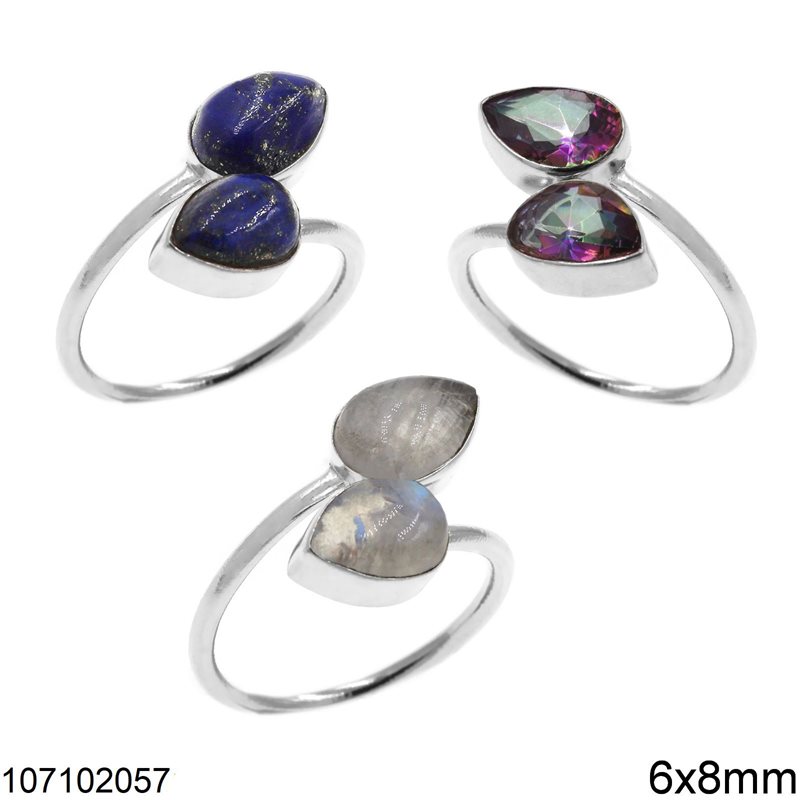 Silver 925 Ring with Pearshape Semi Precious Stones 6x8mm