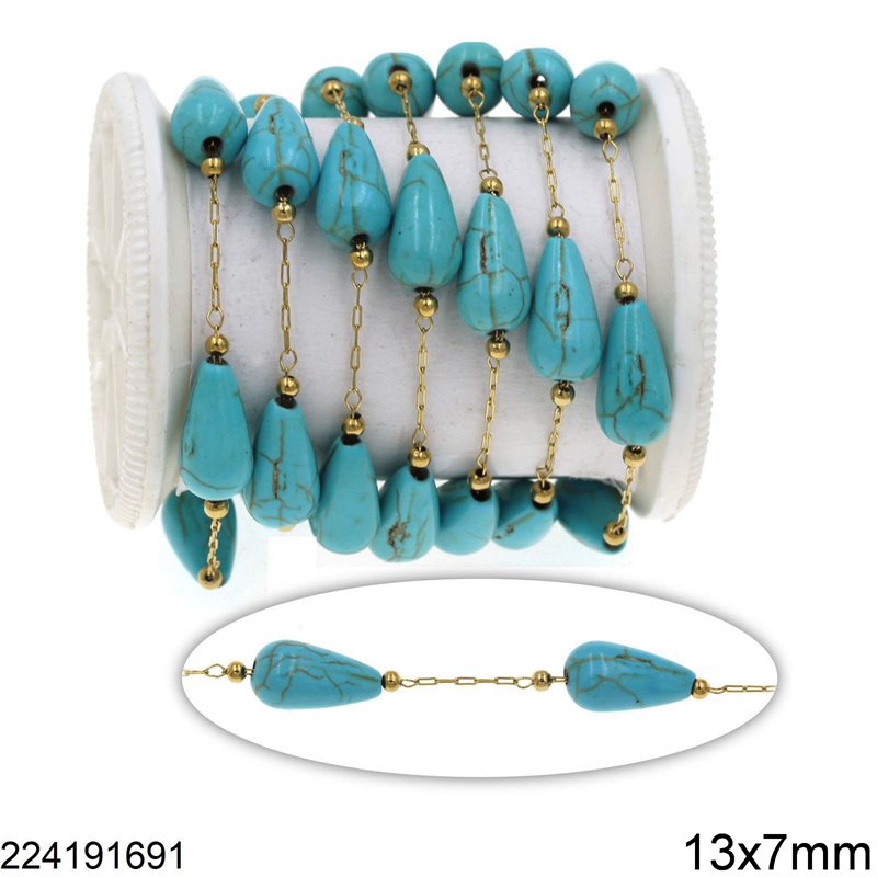 Stainless Steel Link Chain with Pearshape Beads 13x7mm