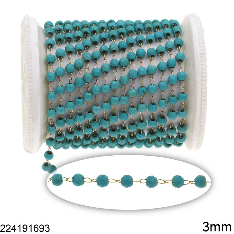 Stainless Steel Link Chain with Faceted Round Stone Beads 3mm