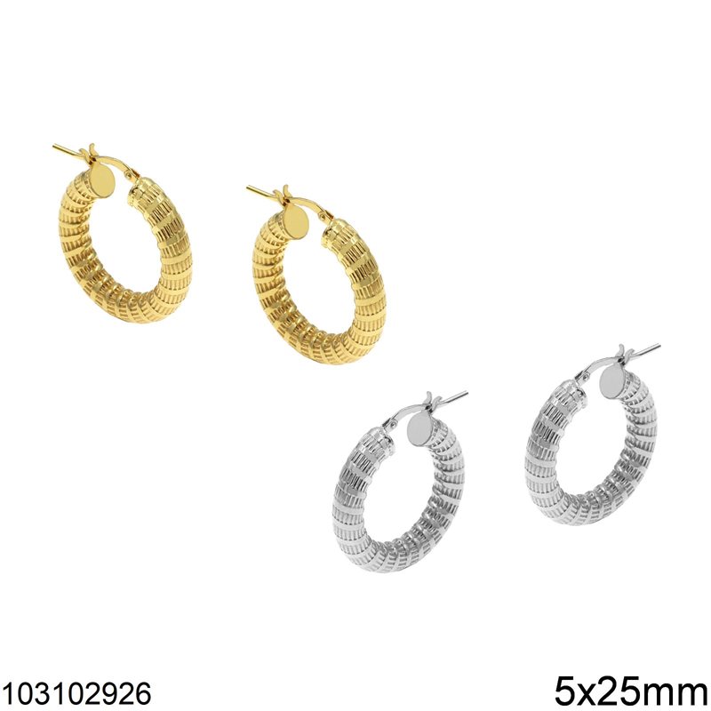 Silver 925 Hoop Earrings with Stripes 5x25mm