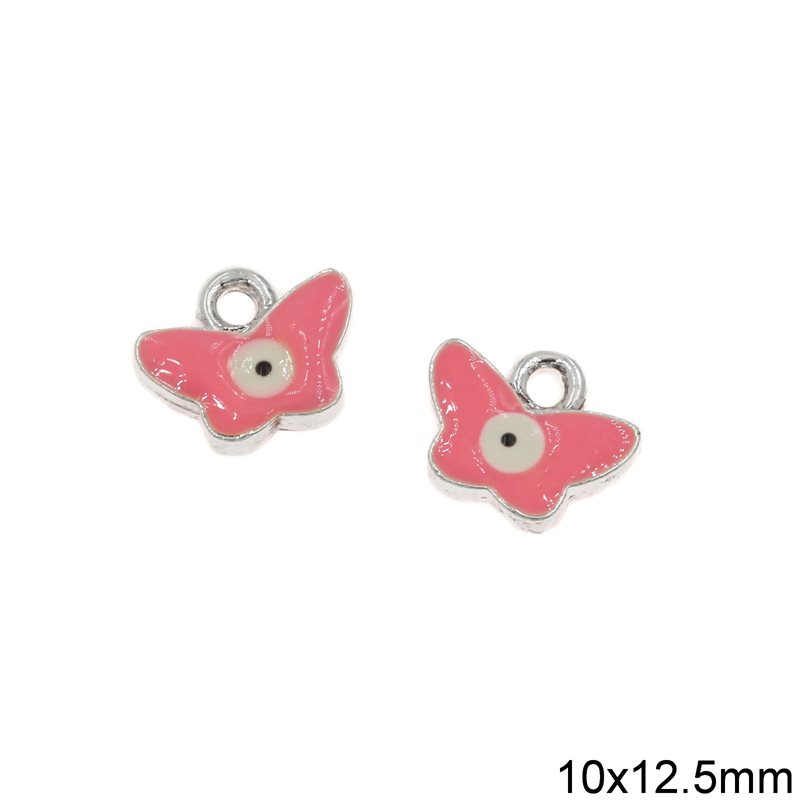 Casting Pendant Evil Eye Butterfly with Pink Enamel , Silver plated NF
