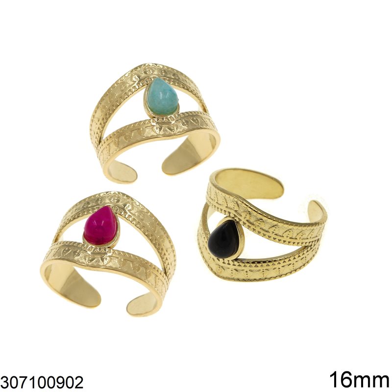 Stainless Steel Ring with Pearshape Glass Stone 16mm