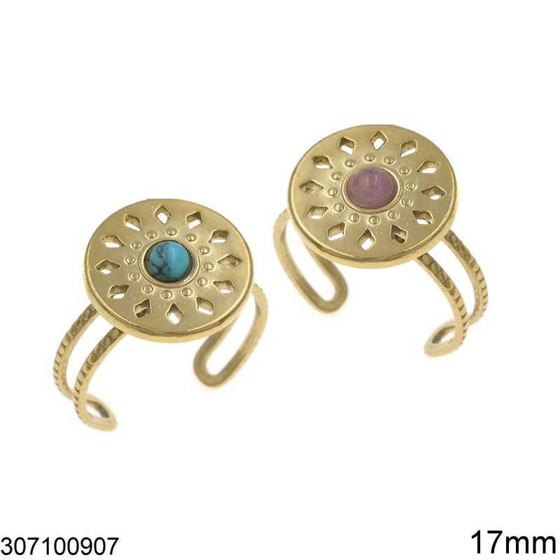 Stainless Steel Ring Disk with Round Semi Precious Stone 17mm