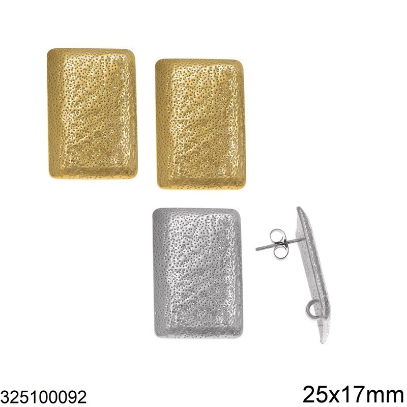 Stainless Steel Rectangular Earstud Textured with Ring 25x17mm