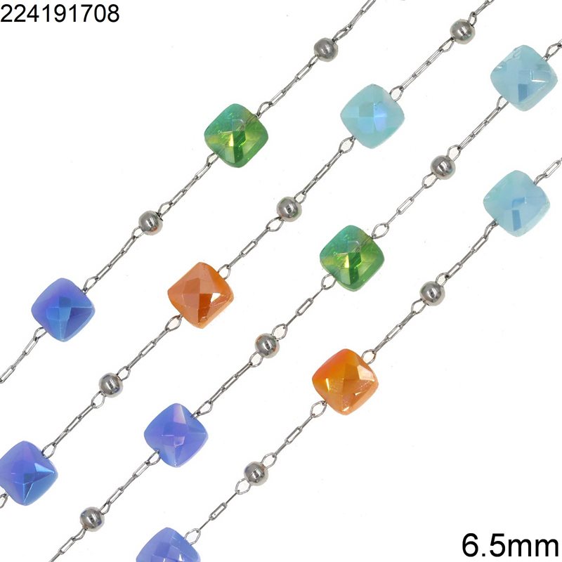 Stainless Steel Chain with Square Glass Faceted Bead 6.5mm & Round Bead 3mm