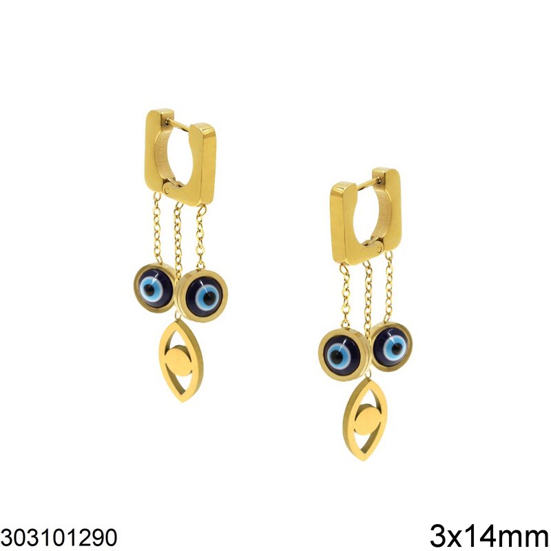 Stainless Steel Square Hoop Earrings 3x14mm with Hanging Evil Eye 8 & 7x14mm, Gold