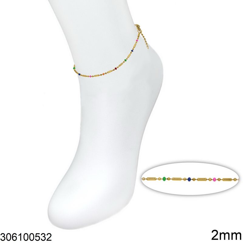 Stainless Steel Ball-Oval Chain Anklet 2mm with Enamel