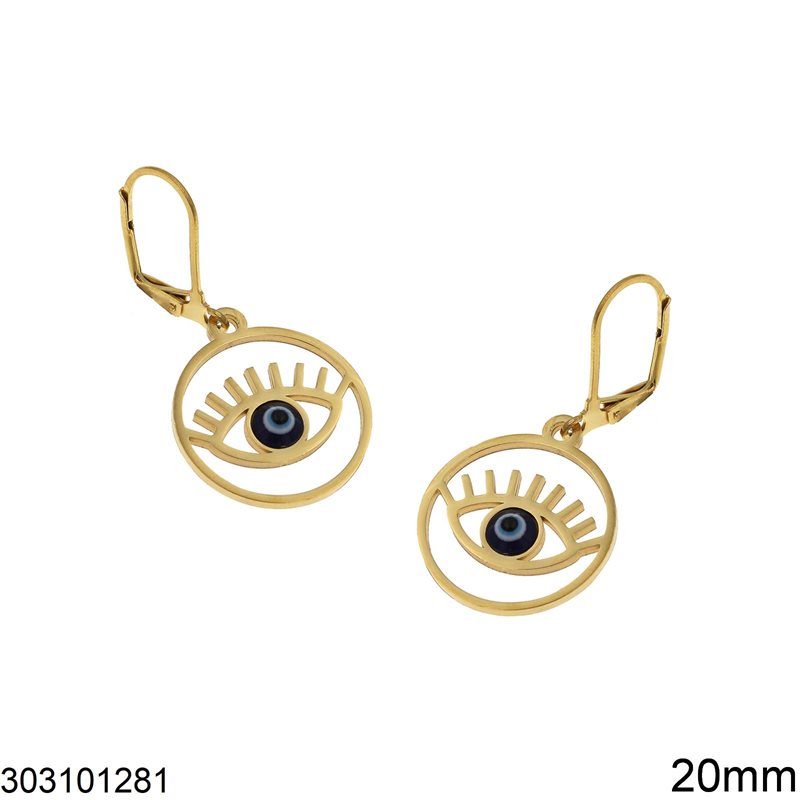 Stainless Steel Hook Earrings Circle 20mm with Evil Eye 11x17mm, Gold