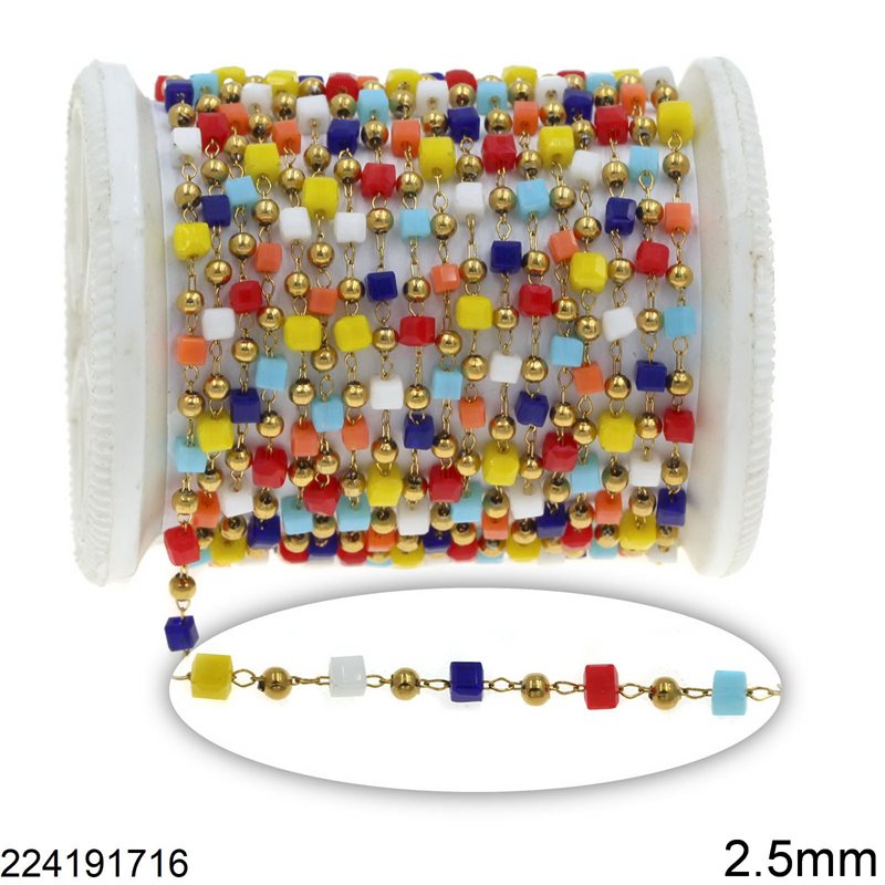 Stainless Steel Chain with Glass Cube Bead and Round Bead 2.5mm