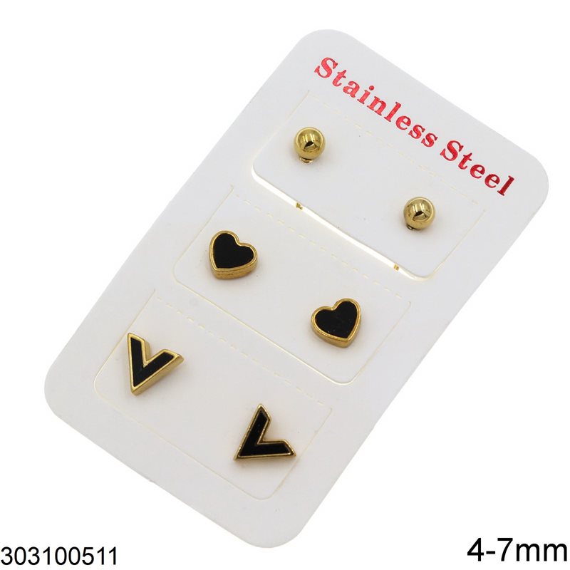Set of Stainless Steel Stud Earrings Ball 4mm, Heart 6mm and "V" 7mm, Black Gold