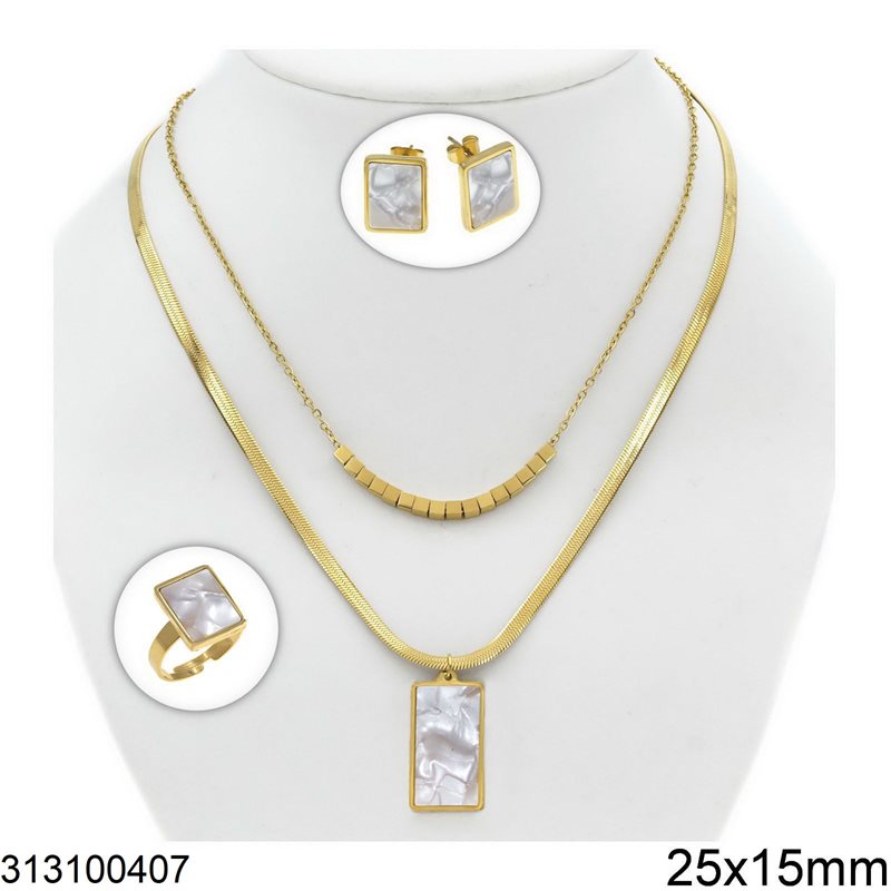 Stainless Steel Set of Double Chain Necklace with Rectangular Pendant 25x15mm,Stud Earrings & Ring 15x12mm