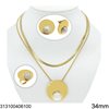 Stainless Steel Set of Double Chain Necklace with Round Pendant 34mm,Stud Earrings & Ring 25mm