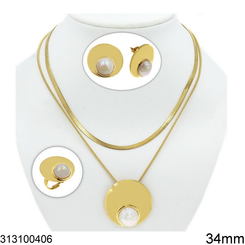 Stainless Steel Set of Double Chain Necklace with Round Pendant 34mm,Stud Earrings & Ring 25mm