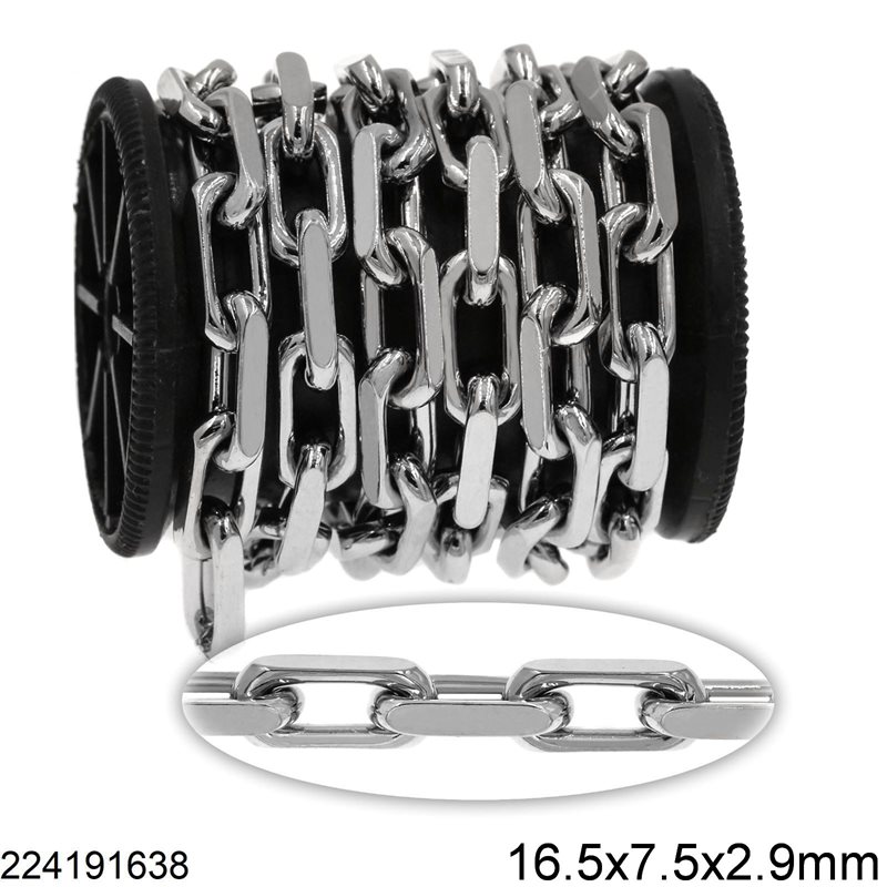 Stainless Steel Oval Link Chain Flat Sides 16.5x7.5x2.9mm