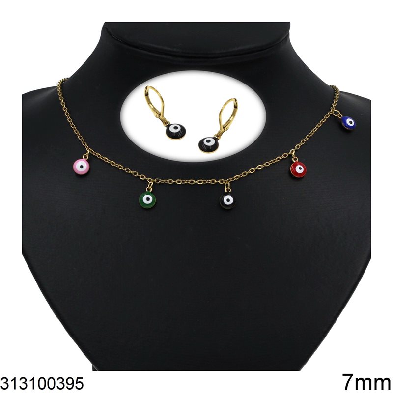 Stainless Steel Set of Pendant & Stud Earrings Evil Eye Enameled 7mm, Multicolor Gold