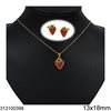 Stainless Steel Set of Necklace 13x18mm & Stud Earrings 9x12mm Strawnberry with Enamel, Gold