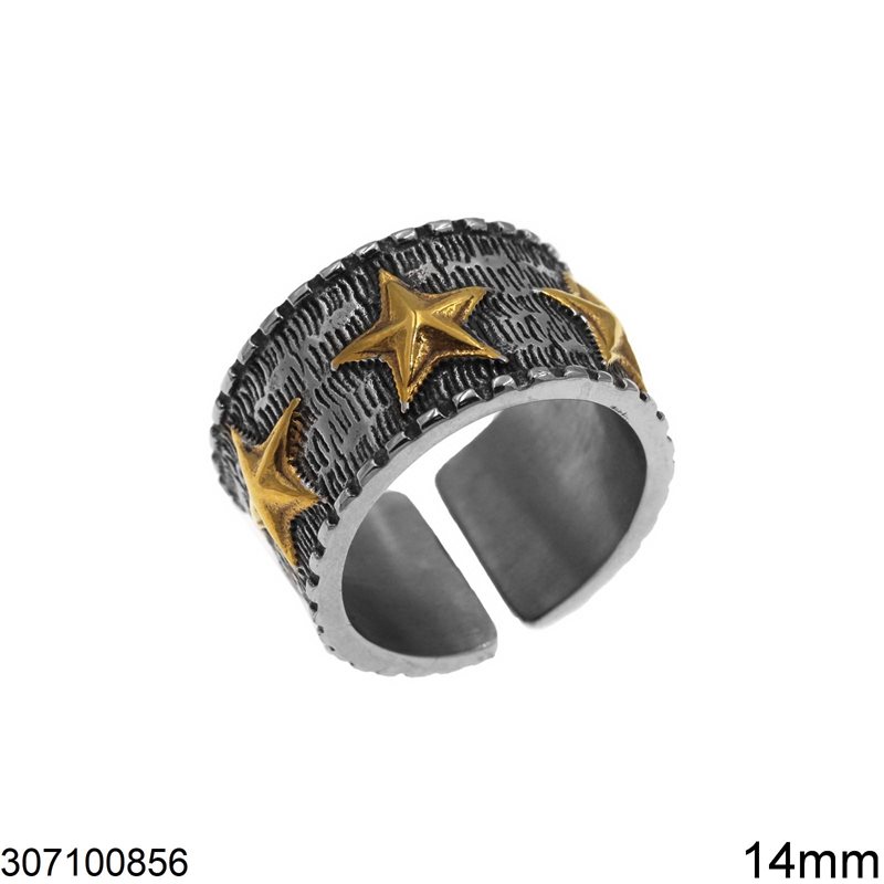 Δαχτυλίδι Ατσάλινο Βέρα Οξυντέ με Αστέρια 14mm, Δίχρωμο
