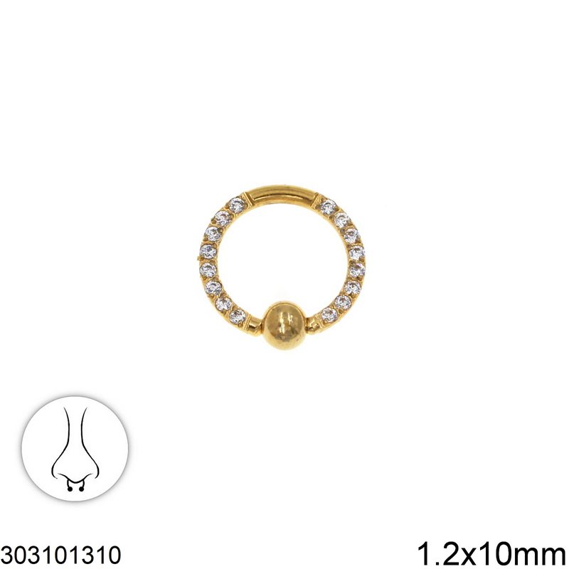Stainless Steel Nose Ring with Ball and Zircon 1.2x10mm, Gold