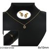 Stainless Steel Set of Necklace, Bracelet & Stud Earrings with Pearshape Rosette 8x10mm 