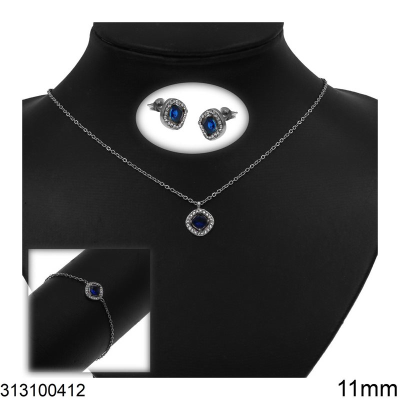 Stainless Steel Set of Necklace, Bracelet & Stud Earrings with Rosette Rombus 11mm 