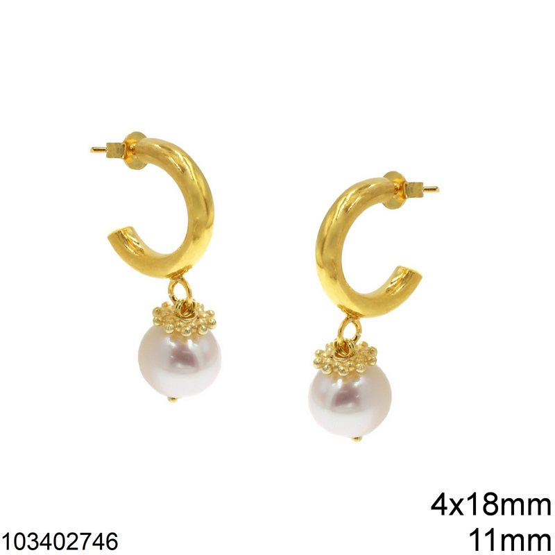 Silver 925 Stud Earrings Hoop 4x18mm with Hanging Pearl 11mm, Gold